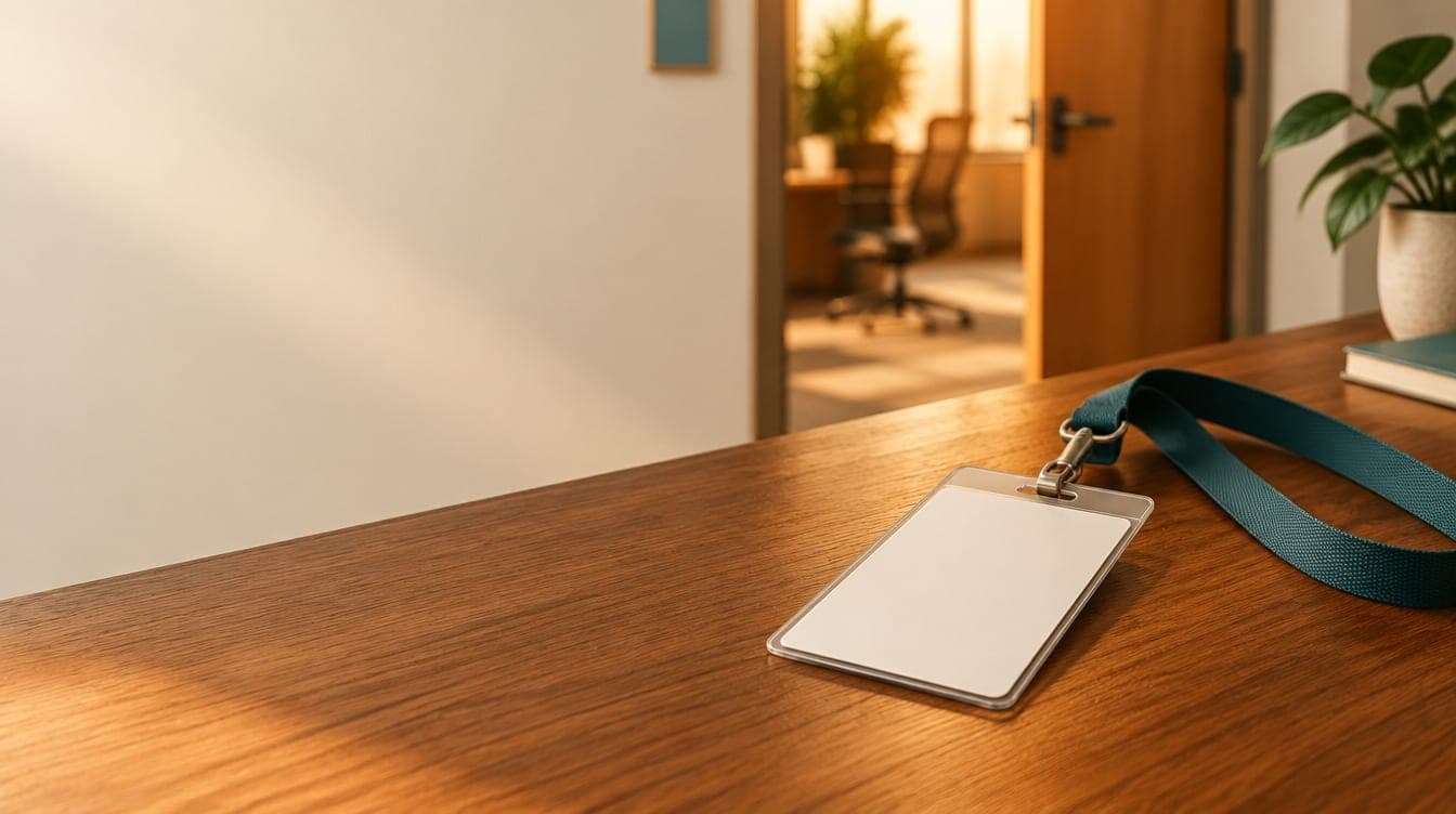 A blank ID badge on a teal lanyard on a wooden desk beside an open office doorway