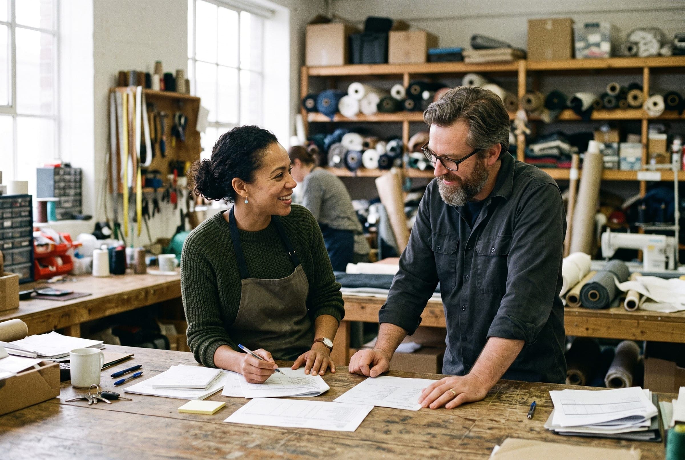 Two business co-owners working together at a workbench