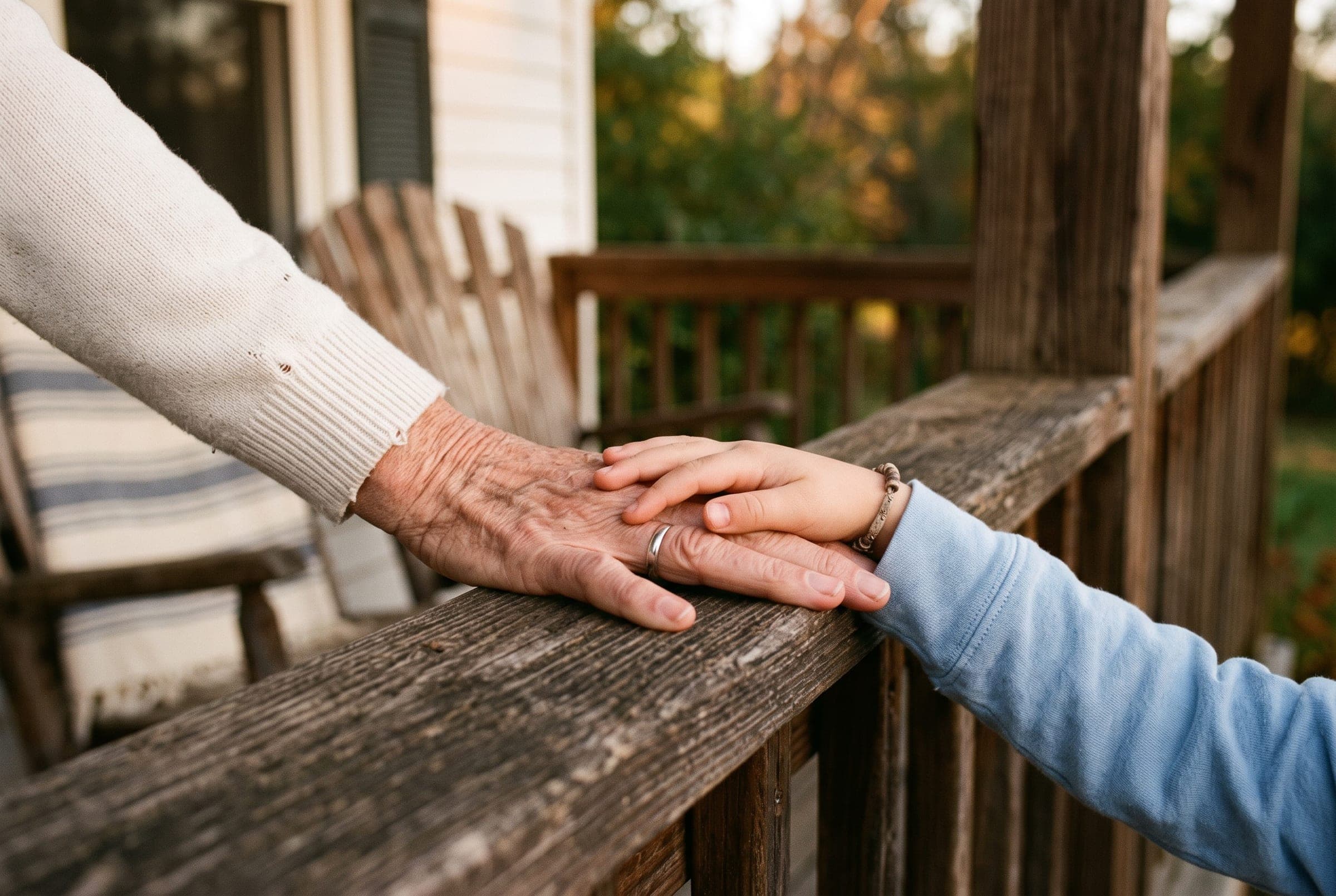 A grandmother's and a child's hands resting on a porch rail